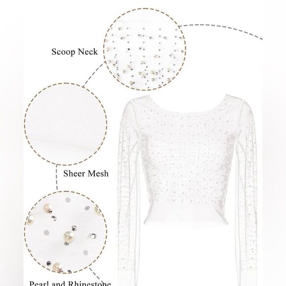 Pearl Rhinestone Long Sleeve Mesh Crop Top - Picture 4 of 4